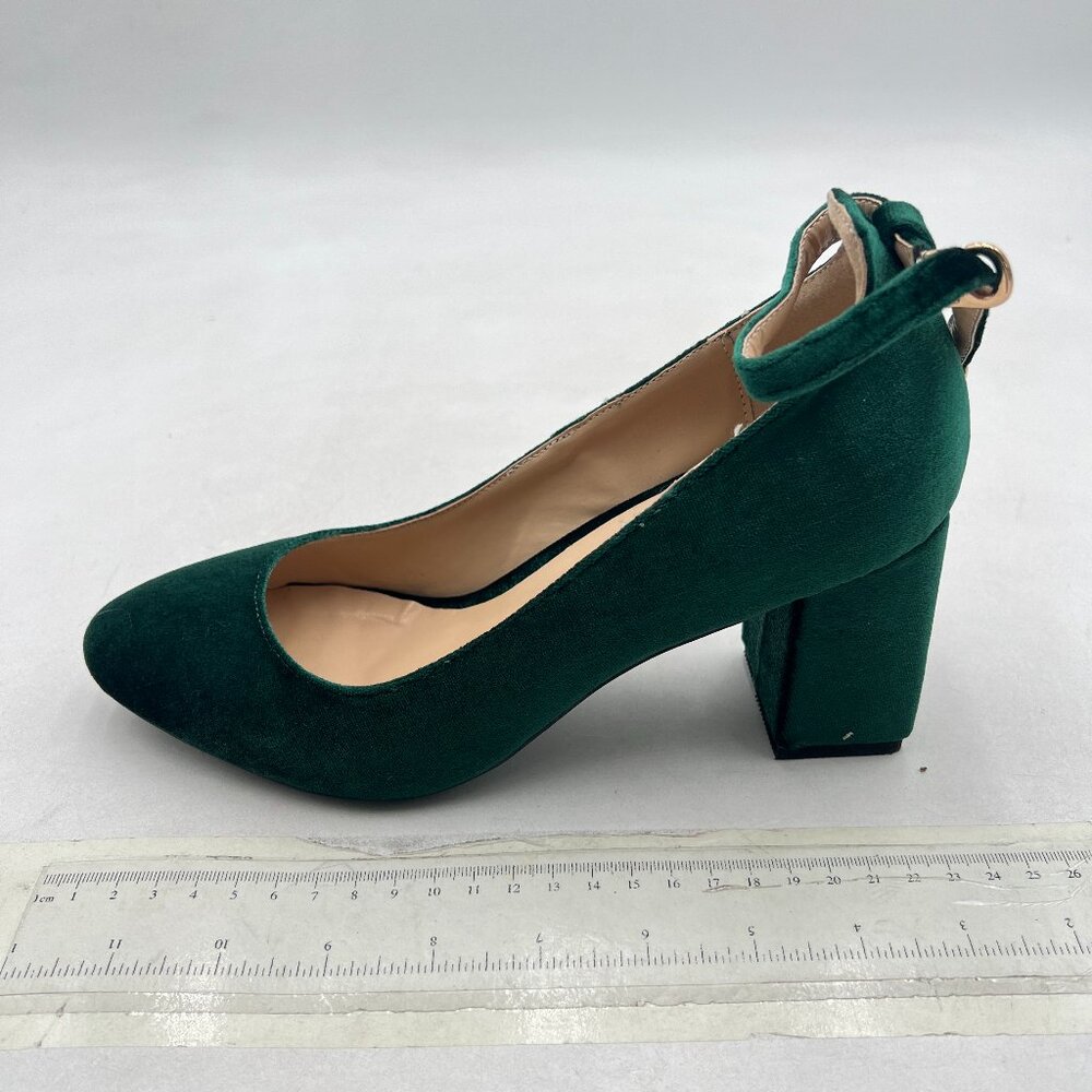 FSJ Green Block Low Heel Pumps Round Toe Ankle Strap Comfortable Wedding Shoes